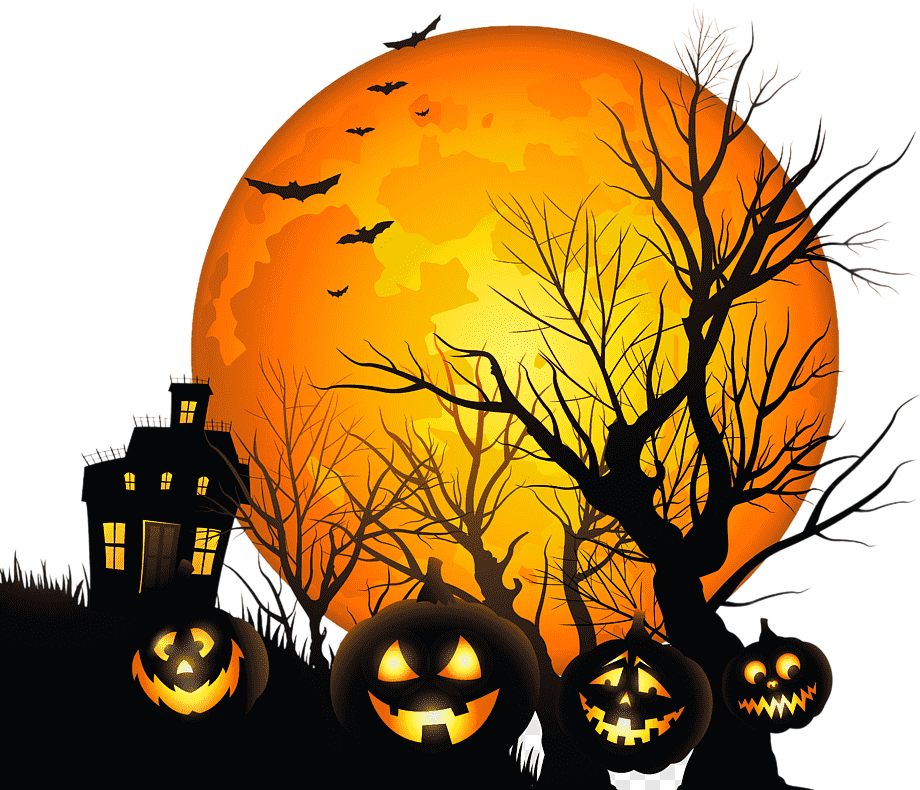 Haunted house and glowing Halloween pumpkins under an orange moon